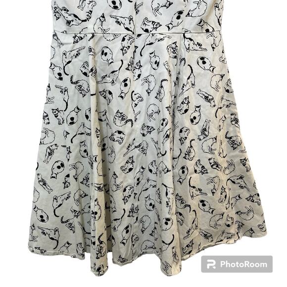 Ixia Women’s Cat Print Fit & Flare Dress White & Black Retro Style Made In USA L - Picture 7 of 9